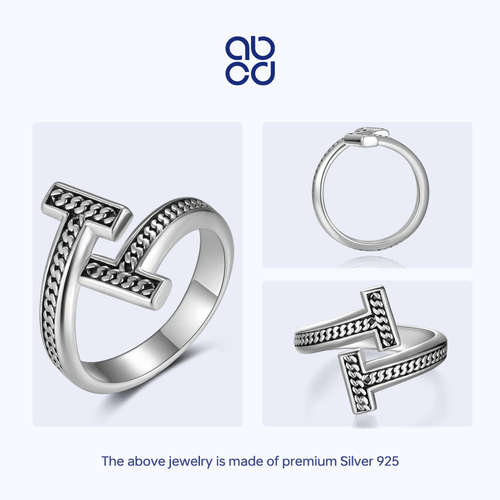 ABCD Open Ring for Women Adjustable Chain T 925 Sterling Silver Finger Ring for Teen Girls Daily Decor Gift For Her