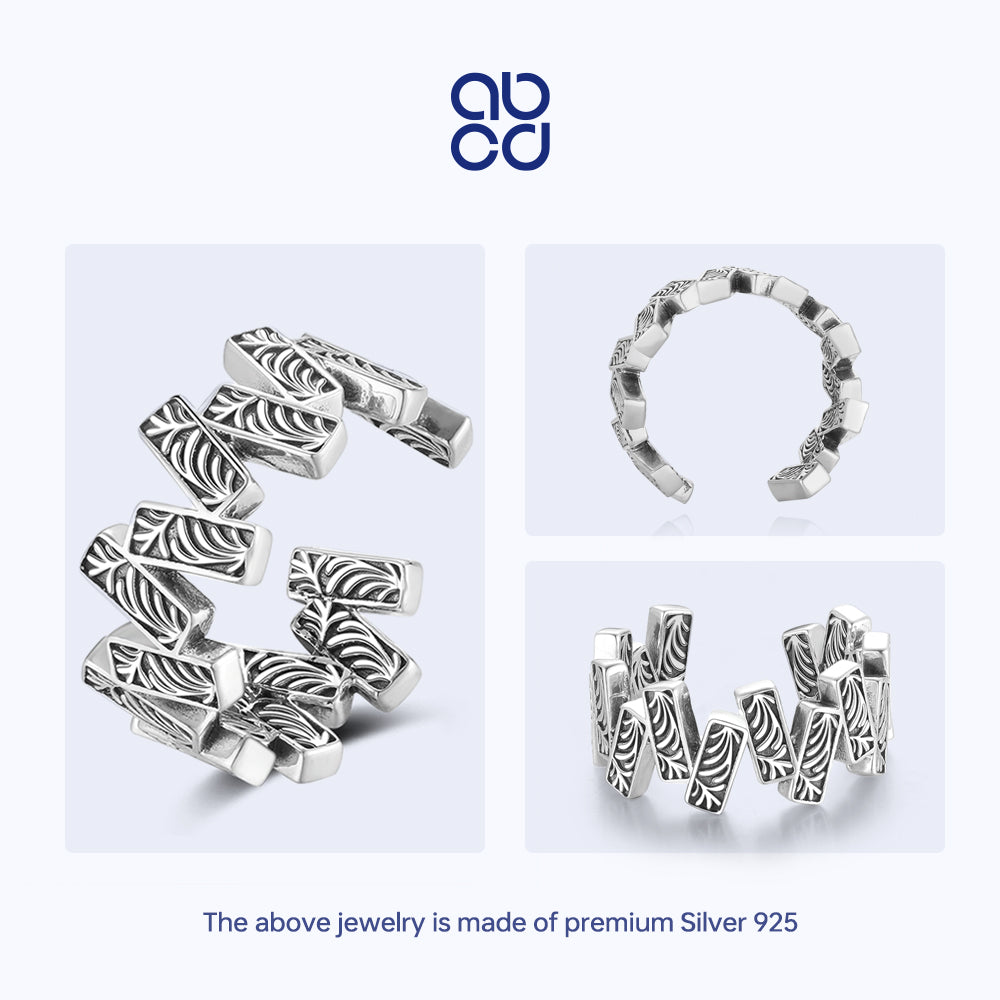 ABCD 925 Sterling Silver Carved Pattern Finger Ring for Unisex Girl Boy Adjustable Tang dynasty Flower Design Opening Ring for Women Man Daily Decor Valentine Anniversary Birthday Gift 5.43G Weight