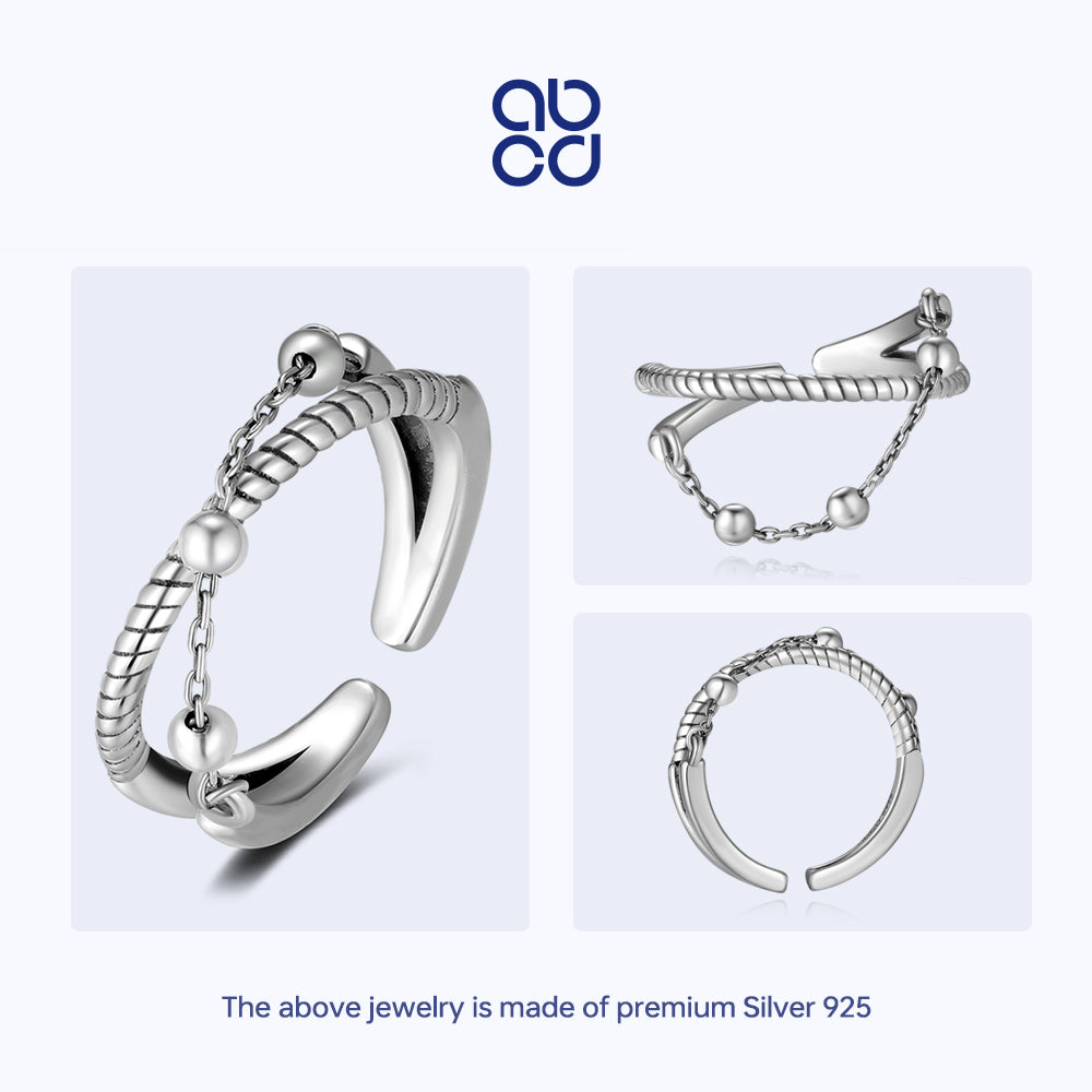 ABCD Open Ring for Women Adjustable Chain and Beads 925 Stelring Silver Finger Ring for Teen Girls Daily Decor Valentine Anniversary Birthday Gift For Her