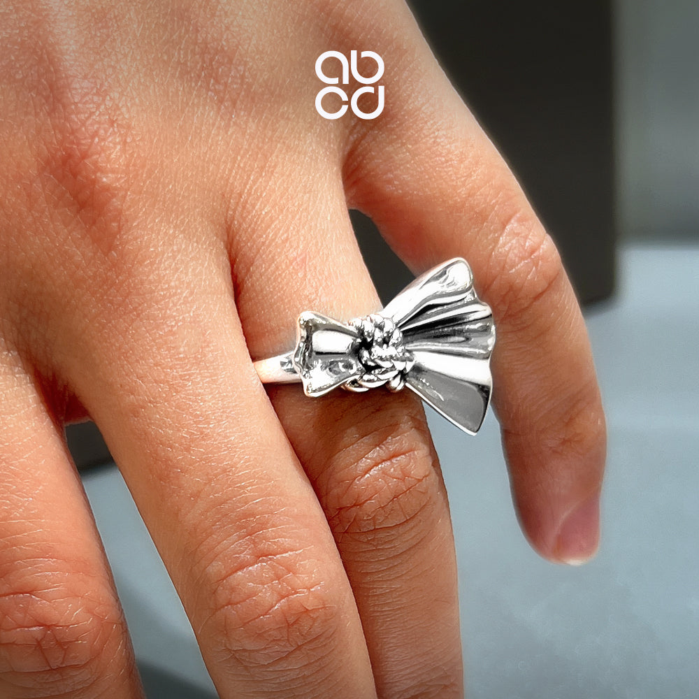 ABCD 925 Sterling Silver Bow Finger Ring Adjustable Jewelry Bowknot Ring Daily Decor Valentine Anniversary Birthday Gift For Her