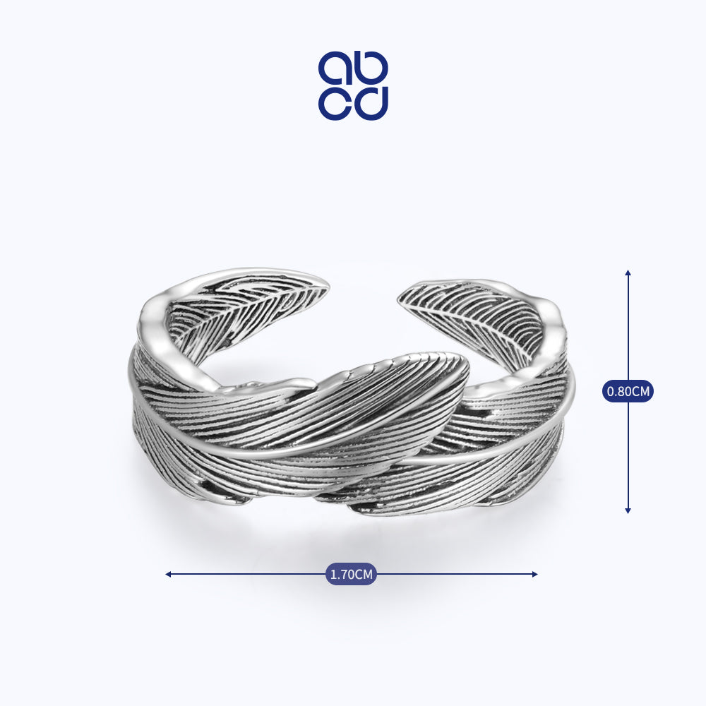 ABCD 925 Sterling Silver Finger Ring for Unisex Teen Adjustable Punk Feather Opening Ring for Women Man Daily Decor Valentine Anniversary Birthday Gift 3.31g Weight