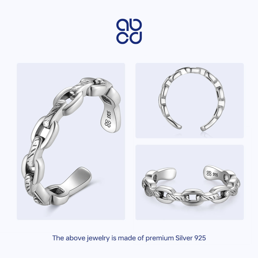 ABCD 925 Sterling Silver Finger Ring for Unisex Teen Adjustable Chain Opening Ring for Women Man Daily Jewelry Valentine Anniversary Birthday Gift